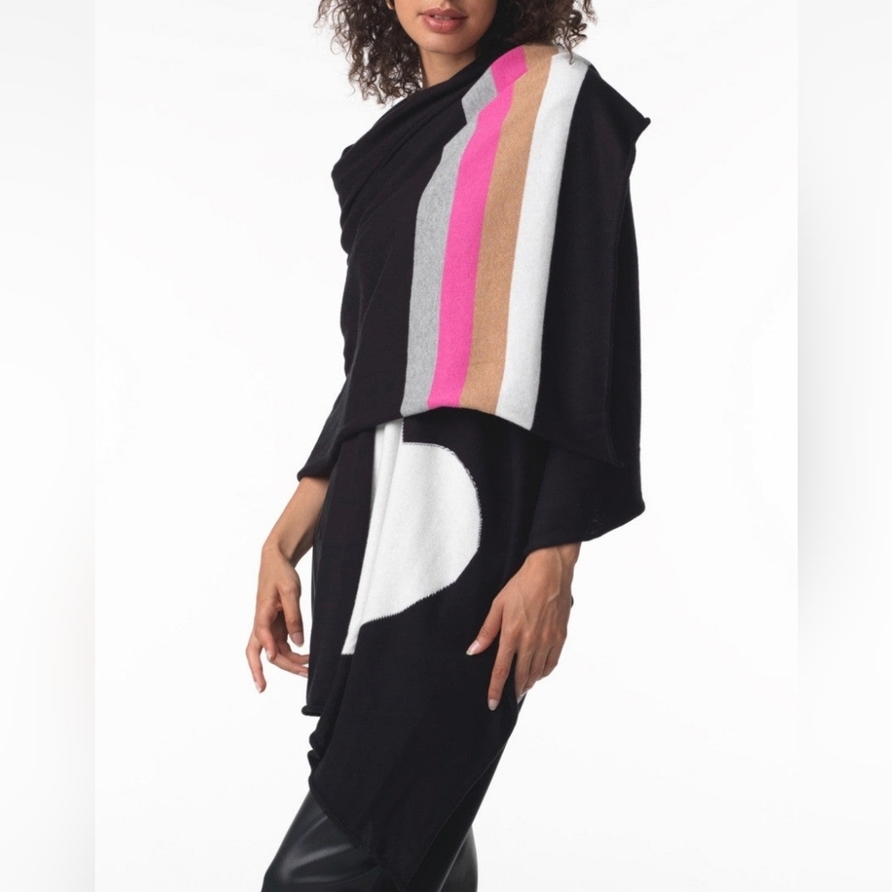 Zaket & Plover Black Multi Stripe Heart Cotton Cashmere Knit Wrap Shawl